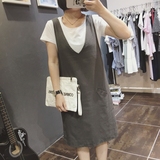 2016夏季韩国东大门外贸原单短袖白T+背心V领连衣裙两件套装1019