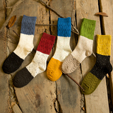 韩系女中筒棉袜原宿复古粗线堆堆袜秋冬毛线拼色加厚保暖袜子包邮