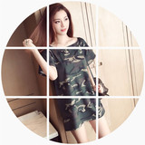 6度2016夏装韩版新款圆领短袖中长款打底上衣迷彩T恤衫女潮 E7313