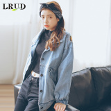LRUD2016秋季新款韩版原宿BF风牛仔外套女宽松中长款贴布牛仔上衣