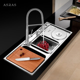 三槽阿萨斯欧式多功能不锈钢水槽套餐双槽厨房洗菜盆刀架带垃圾桶