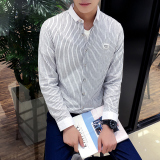 韩版秋装男士条纹长袖衬衫修身型男青年衬衣英伦时尚潮流学生寸衫