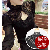 A053 秋季新款女装上衣韩版时尚性感镂空蕾丝拼接立领长袖打底衫