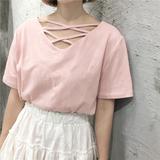 韩国ulzzang夏季女装上衣韩版宽松领口镂空短袖T恤女学生半袖体恤