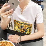 中国风短袖t恤男个性V领潮流纯棉复古刺绣龙图腾民族风黄马褂T恤