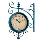 美式地中海做旧双面复古挂钟两面铁艺客厅复古挂钟金属静音钟表
