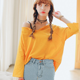 2016韩版新款夏装大码纯色T恤女 韩范宽松七分袖蝙蝠衫短袖上衣