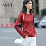 Amii[极简主义]2016秋冬季新款圆领纯色口袋修身简约条纹羊毛衣女