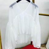 刘钰懿同款高端新品韩版长袖连衣裙白色仙气V领透视网纱上衣女装