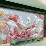 中式荷花玉雕大型壁画3d立体墙纸花开富贵壁纸客厅沙发电视背景墙