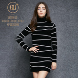 GU+春秋季新品连衣裙中长款套头高领长袖修身针织衫羊绒衫女