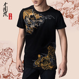 中国风刺绣龙虎短袖t恤 男装奥代尔半袖 黑社会霸气圆领打底衫