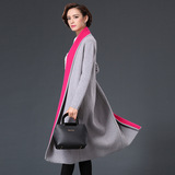 2015秋冬新款高档羊绒大衣 欧美品牌中长款貂绒风衣外套撞色女装