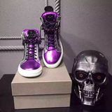香港代购15新款GZ女鞋紫色金属铁片欧美休闲牛皮真皮沙丁布高帮鞋
