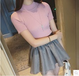 韩版夏季半高领套头短袖针织衫纯色修身紧身显瘦女装T恤打底上衣
