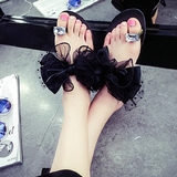 韩国正版平底水晶花朵女士凉拖夏黑色蕾丝个性蝴蝶结套趾水钻拖鞋