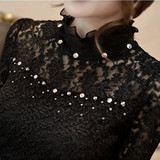2016春装新款韩版大码女装气质修身打底衫镂空立领钉珠蕾丝衫上衣