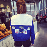 韩国bf风学生短款外套女春秋新款贴布刺绣双层海军领棒球服夹克潮