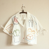 日本古着少女学院风全身刺绣原创日系设计感重工线条刺绣短款衬衫