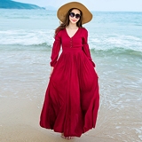 新款长袖连衣裙纯色仙女泡泡袖拖地长裙海边波西米亚沙滩裙V领