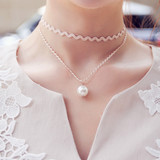 韩国代购波浪性感黑色蕾丝超短颈链珍珠双层锁骨链女饰品短款项链