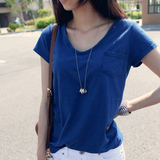 女士夏季短袖T恤衫V领上衣简单口袋款纯棉宽松大码蓝色大领口t恤