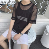夏季潮男网格短袖T恤百搭镂空罩衫男青年网眼透视衫