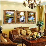 纯手绘油画别墅酒店墙面装饰卧室客厅三联画玄关欧式风景天鹅湖