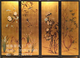 金箔梅兰竹菊中式手绘漆画玄关屏风实木客厅装饰屏风
