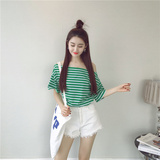 夏季新款韩版女一字领短袖T恤宽松细横条纹显瘦套头棉质上衣+C49