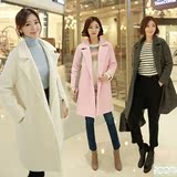 2015韩国代购Clicknfunny新款韩版西装领加厚长袖女毛呢风衣外套