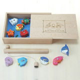 日本外贸原单幼儿童磁性钓鱼木质玩具 亲子钓鱼游戏益智 专柜彩盒