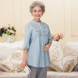 老年人衬衣女奶奶夏装60-70岁妈妈装中长款韩版棉麻衬衫开衫上衣