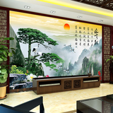 3d立体山水画自然风景迎客松墙纸客厅电视背景墙壁纸无缝大型壁画