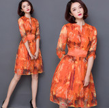 韩版夏季新款时尚 气质显瘦女装七分袖V领A字雪纺 印花透气连衣裙