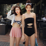 2016韩国代购女比基尼黑白条纹钢托分体裙式泳衣裸粉色两件套小胸