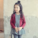 2016春秋女童装新款日系暗红色纯棉长袖针织开衫 百搭短款薄外套