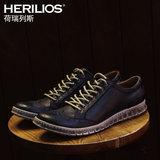 HERILIOS韩版男士复古板鞋时尚做旧真皮系带男式潮流休闲低帮单鞋
