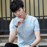 青年夏修身方领衬衫韩版潮流男士棉麻纯色双口袋修身翻领短袖T恤