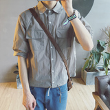 日系男士韩版宽松大码青年复古文艺夏季休闲短袖衬衫学生外套男潮