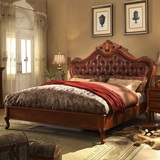法维诺家具 美式实木真皮床精雕皮艺床双人床欧式深色婚床1.8大床