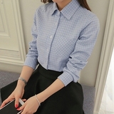 以纯2016新款韩版女装长袖格子衬衣修身大码娃娃领纯棉打底衬衫潮