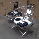 不锈钢太师椅古典休闲扶手椅黑白奶牛皮餐椅金属明清仿古圈椅围椅