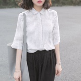 2016春季新款韩版竖条纹五分袖衬衫女学生文艺气质显瘦宽松衬衣白