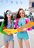 超爱！！韩国代购2015 薄荷vs粉色长款连体泳衣防晒效果凸显曲线