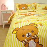 卡通黄色条纹轻松熊Rilakkuma水彩画纯棉床上用品四件套床单床笠