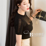 2016夏装新款女装 韩国代购性感透视领短袖薄款贴身针织衫上衣