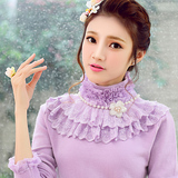 2015韩版新款秋季女装大码加厚针织蕾丝花边扣钻修身打底毛衣