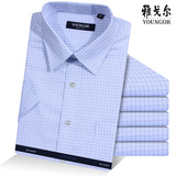 Youngor/雅戈尔16夏款新品短袖衬衫男士商务正装纯棉免烫格子衬衫