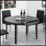 伸缩多纹理大理石不锈钢圆桌简约现代钢化玻璃折叠黑白餐桌椅组合